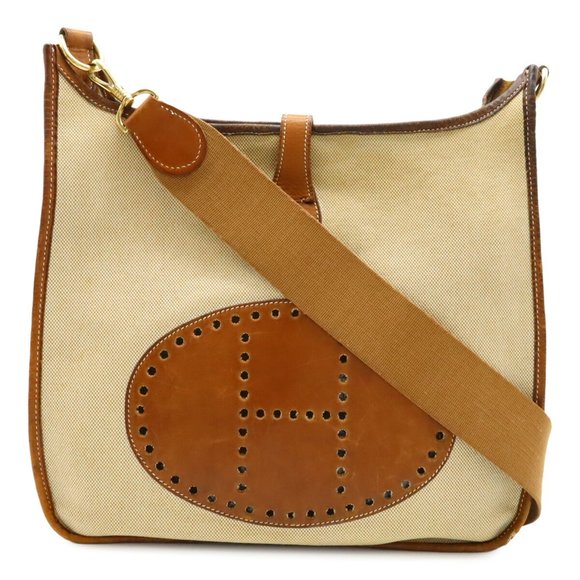 HERMES Evelyn I 1 GM Shoulder Bag Toile H Leather Natural Brown ○Z Stamp - Picture 1 of 10